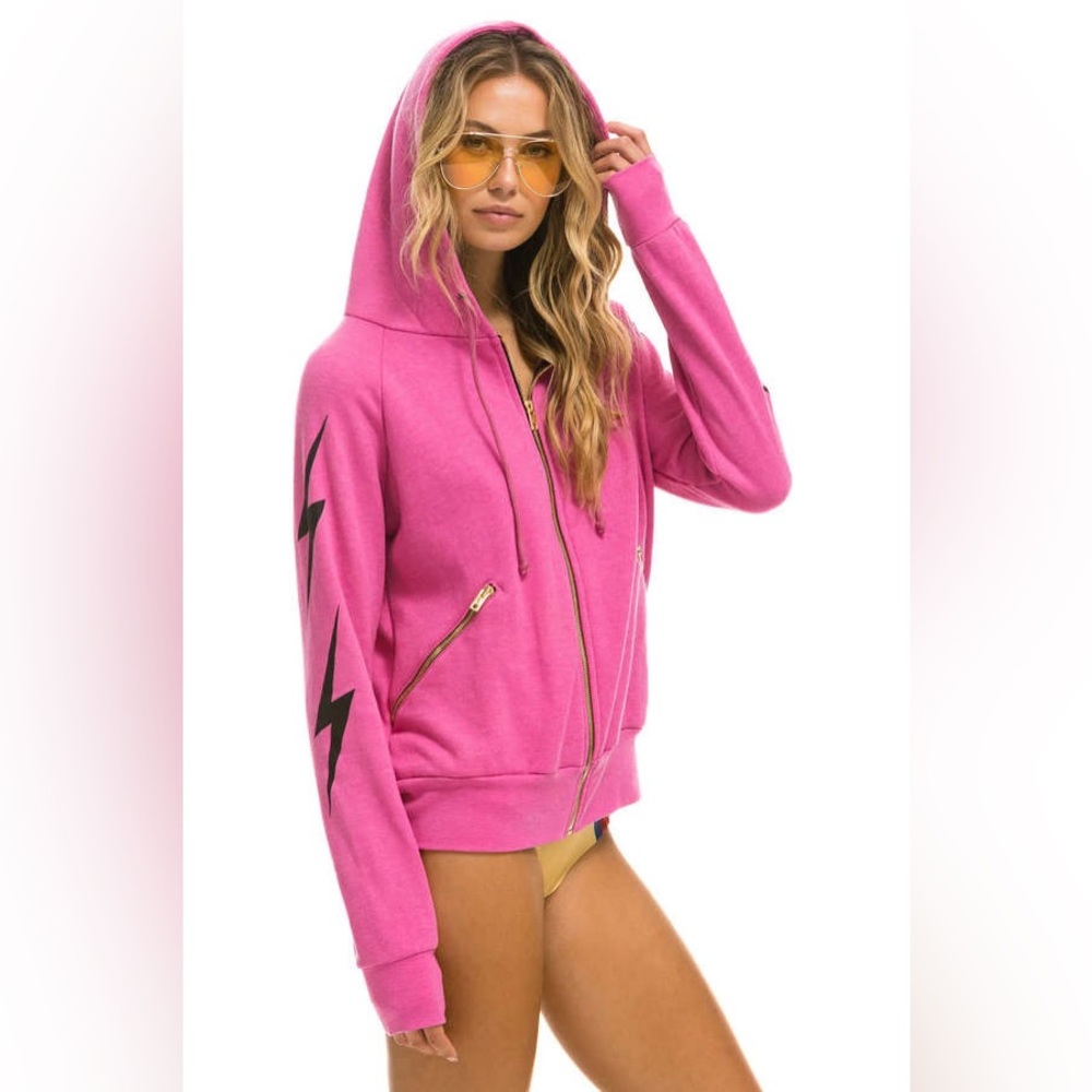 Aviator Nation Pink Zip Hoodie with Black Lightning Sleeve
